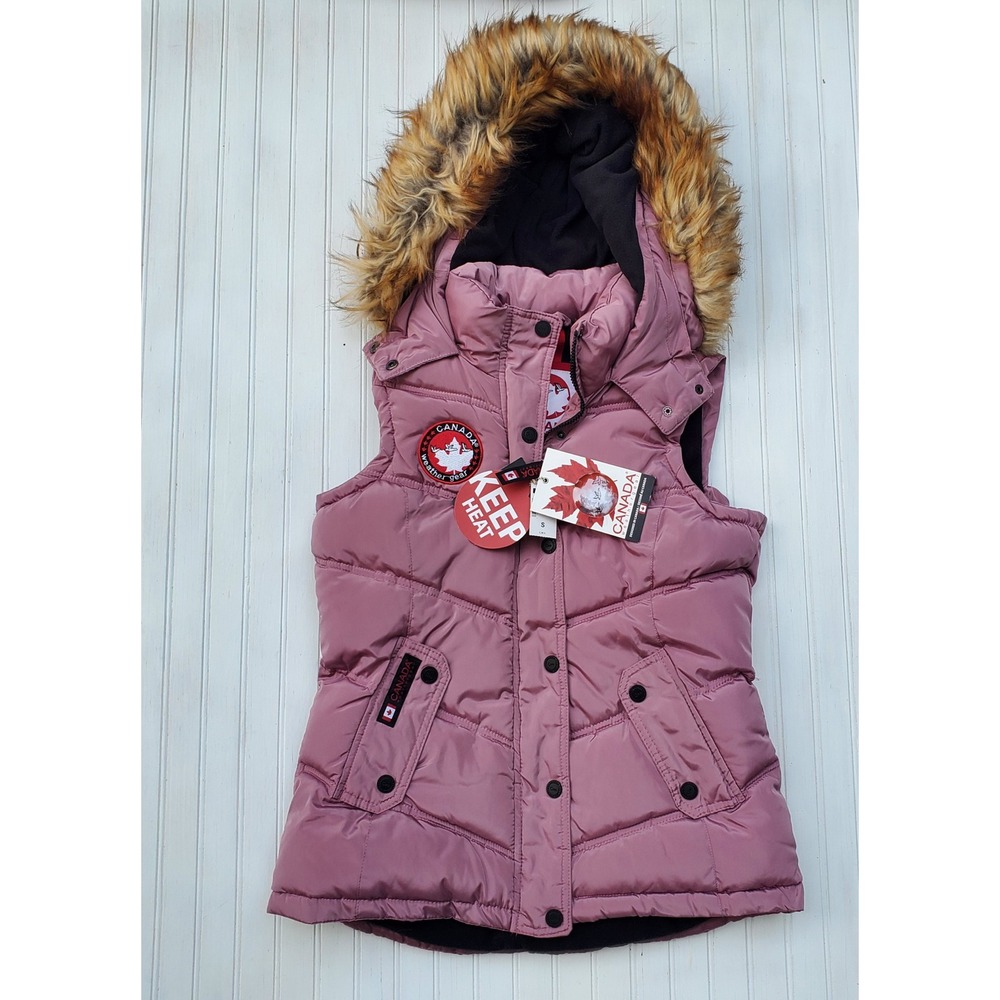 Canada Weathergear Womens Puffer Vest Pink Purple Faux Fur Hood Small NWT Warm